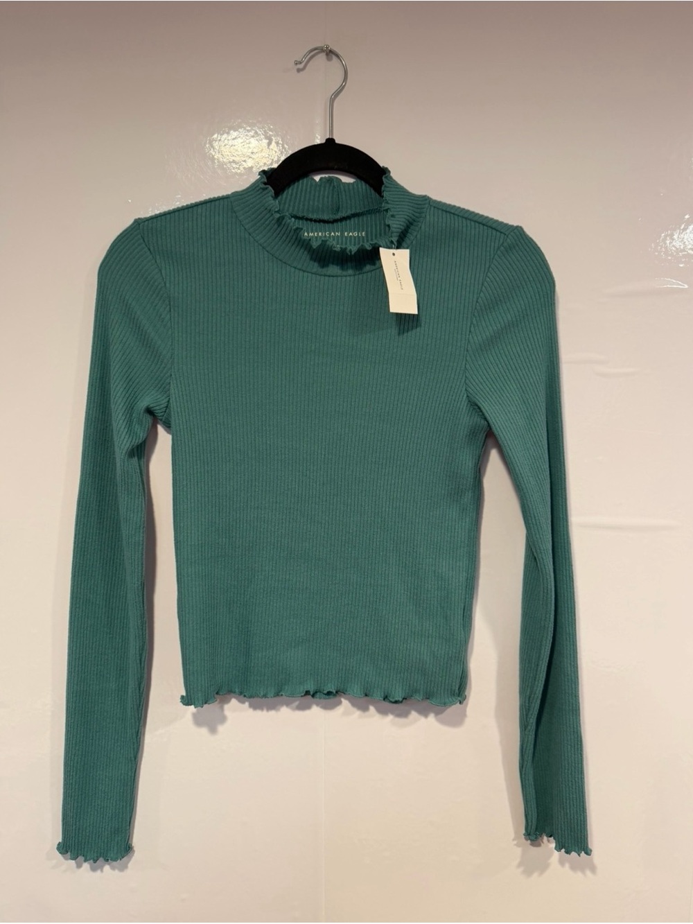 American Eagle Outfitters Teal Ribbed Long-Sleeve lettuce hem Mock Neck Top NWT